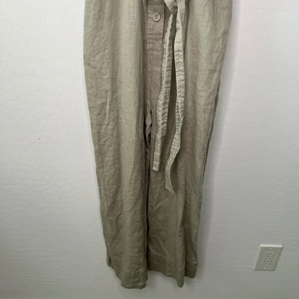 Everlane Linen Jumpsuit Women Size 6 Sage Green Button Front Tie Waist Wide Leg